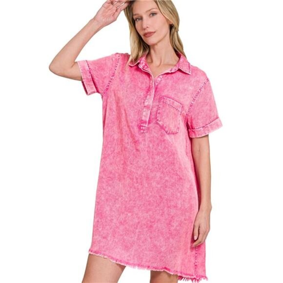 Zenana‎ Tencel Mineral Washed Collared Shirts Dress - Picture 2 of 3